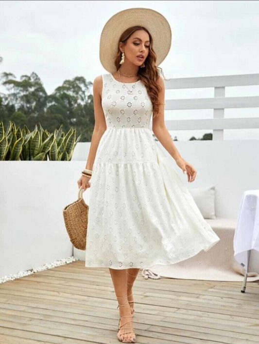 Zara Cream Eyelet Tulle Midi Dress - Medium