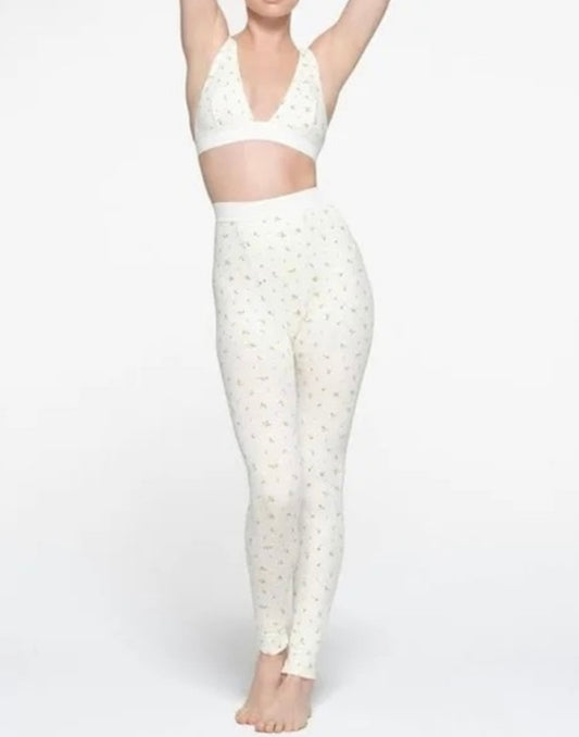 Skims White Floral Ribbed Leggings - XXS