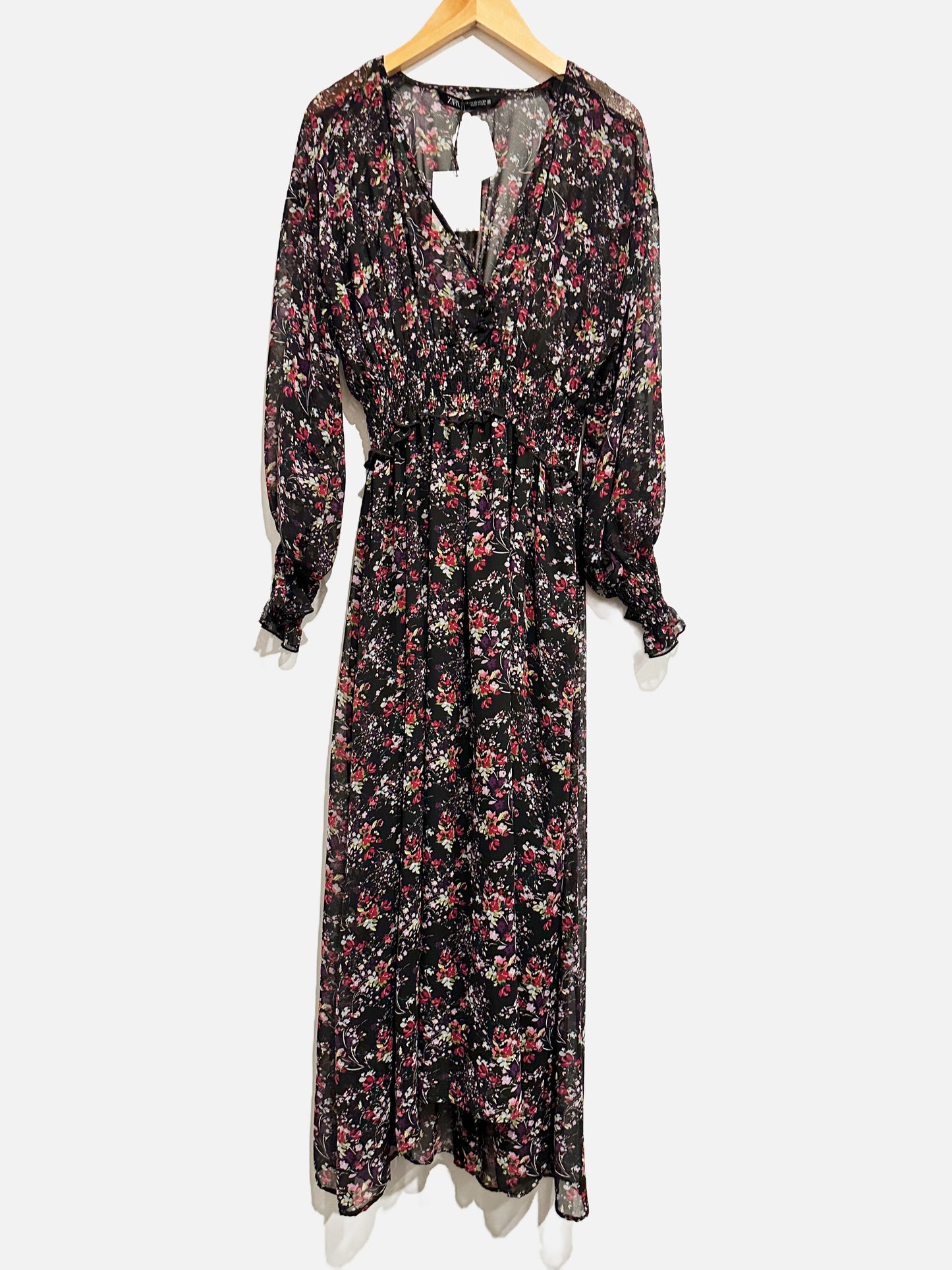 Zara Black Floral Smocked Midi Dress - XS
