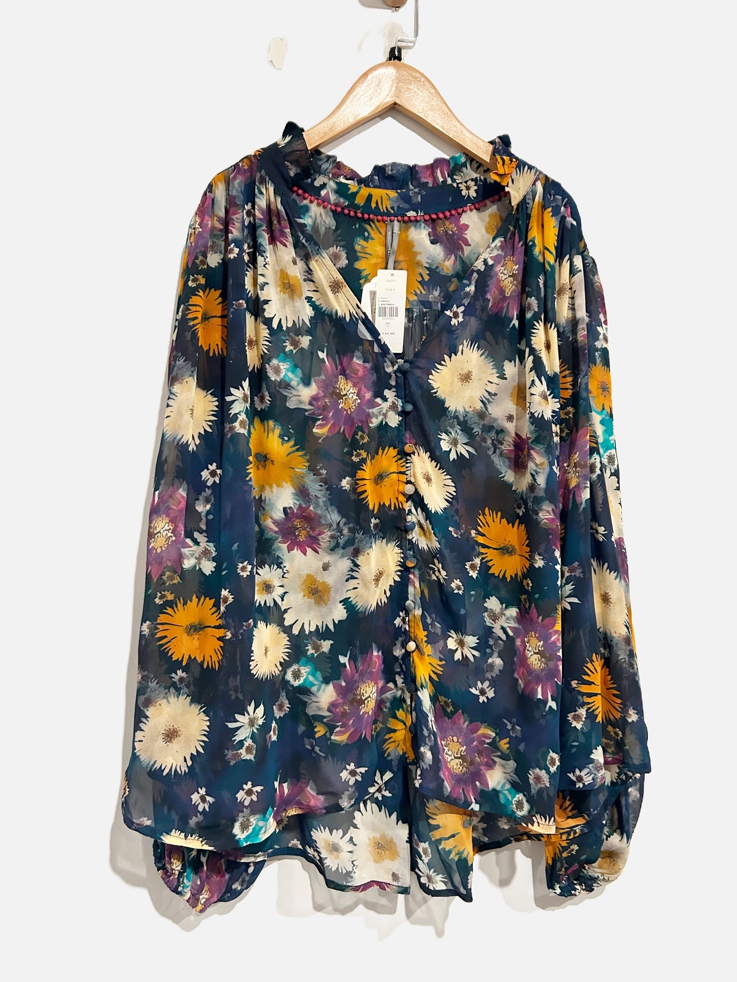 Anthropologie NWT The Estella Navy Floral Sheer Blouse - Large