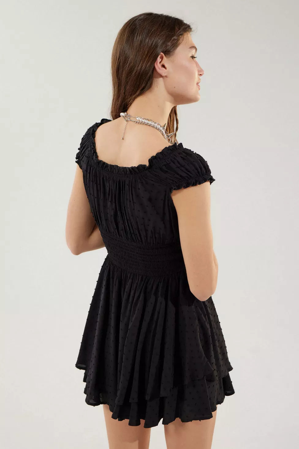 Urban Outfitters Rosie Smocked Tiered Ruffle Romper in Black - Large