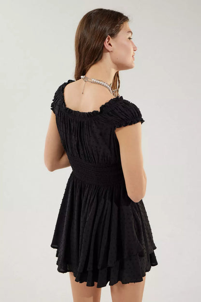Urban Outfitters Rosie Smocked Tiered Ruffle Romper in Black - Large