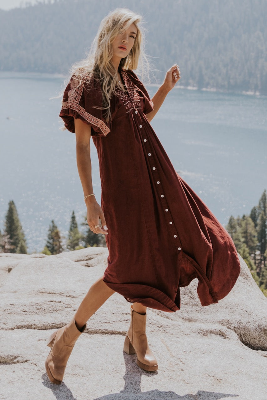 Bohme Maroon Embroidered Midi Dress - Small