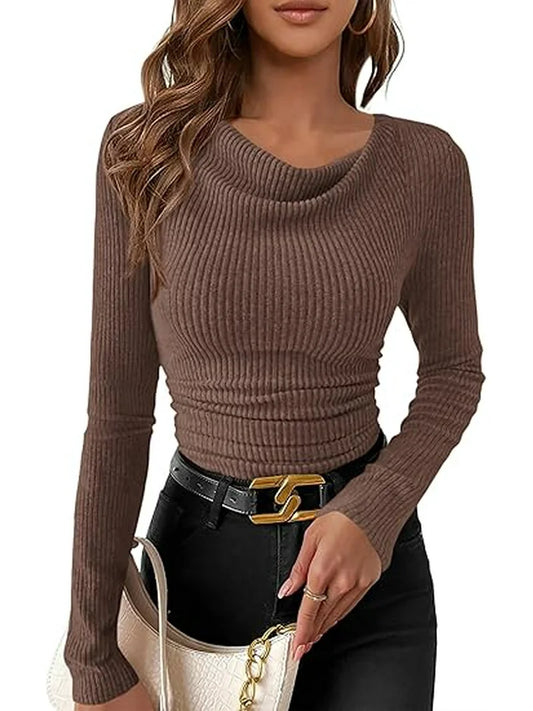Pretty Garden Brown Ribbed Ruched LS Top - Small