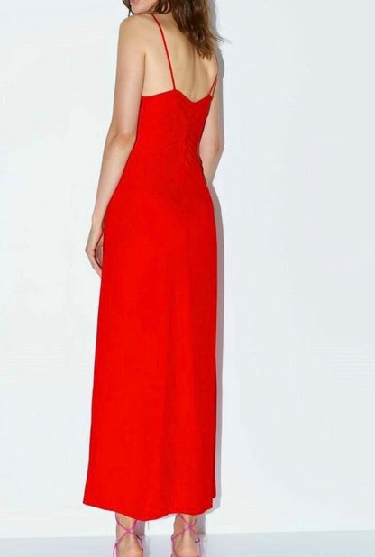 Zara Red Gathered Back Midi Dress - Small
