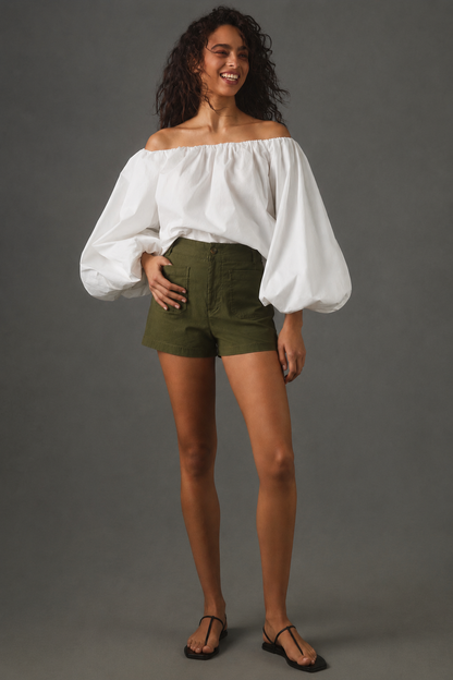 Anthropologie Maeve Colette Linen Blend High-Rise Shorts in Dried Fern - 31