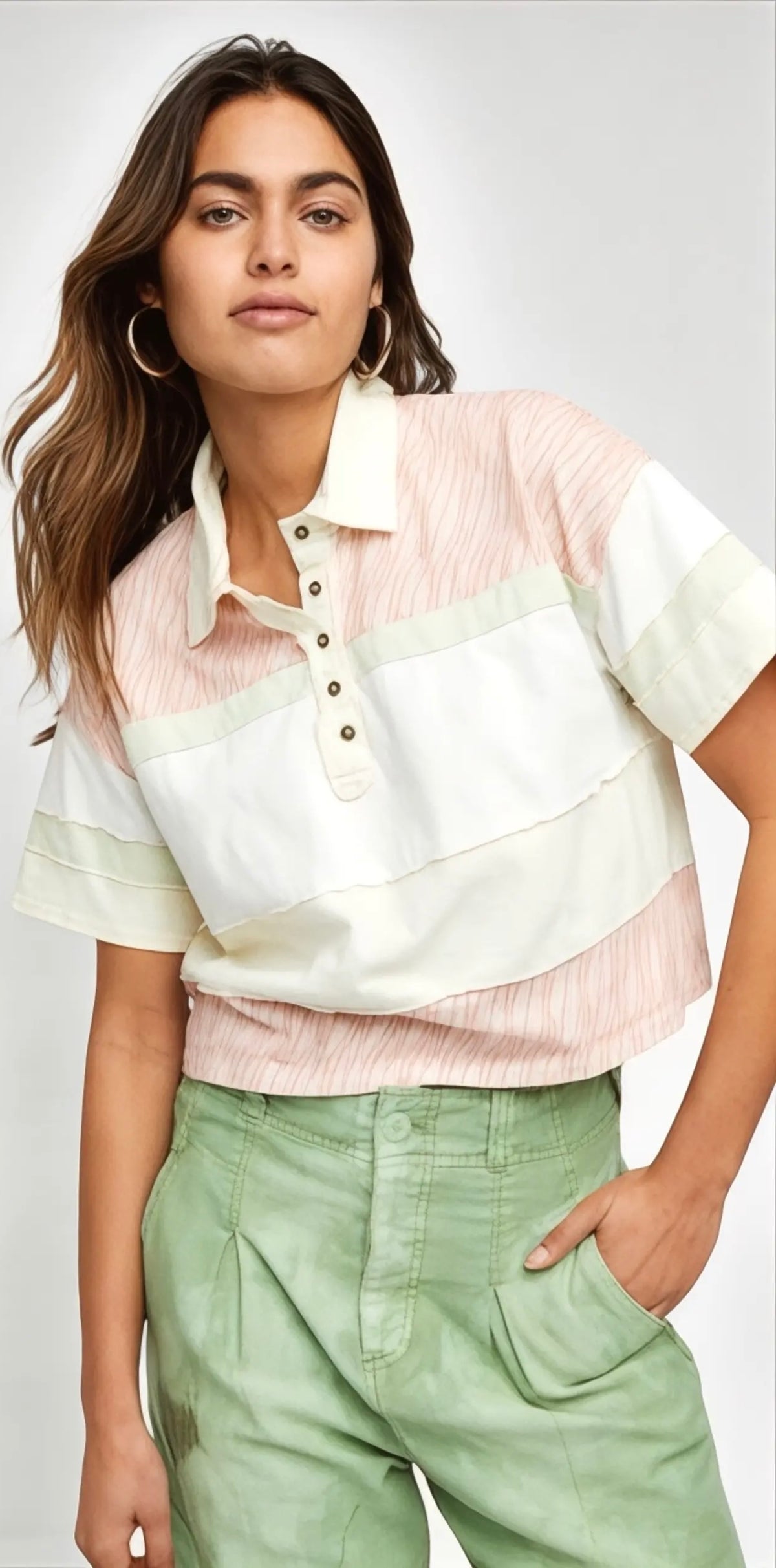 Free People MixPrint Bella Collared Henley Tee - Small