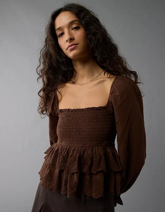 American Eagle Brown Smocked Blouse - XS