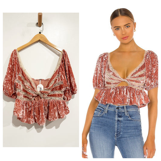 Free People Pink Velvet Crop SS Blouse - Small