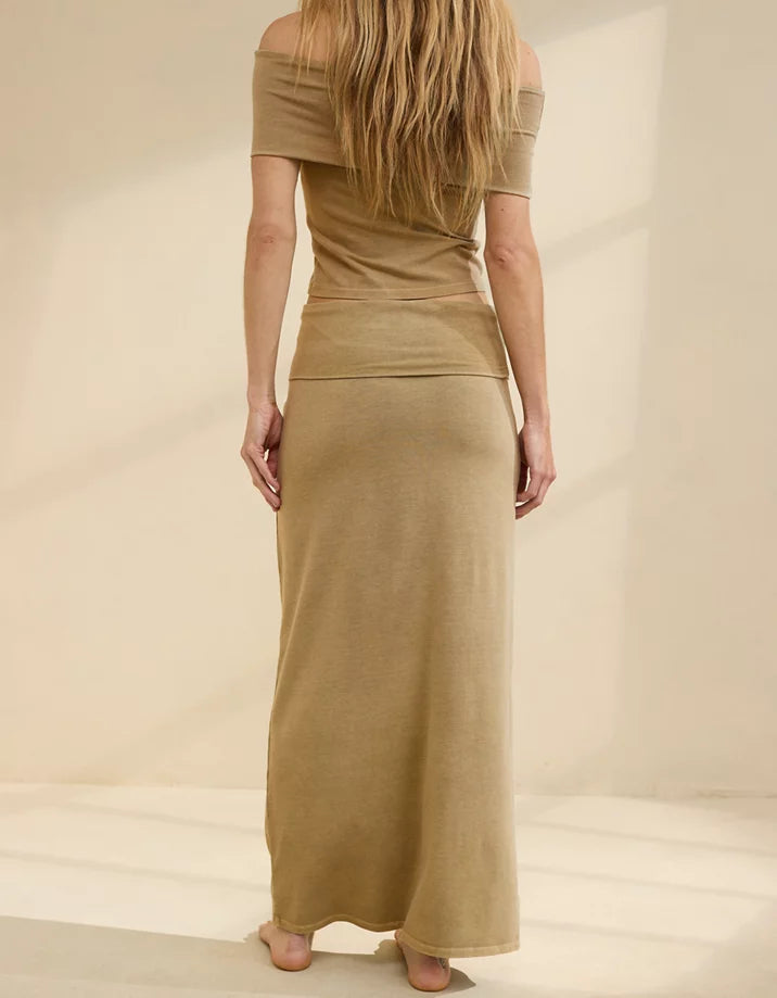 Aerie Chill Up Foldover Maxi Skirt in Soft Stone - Large