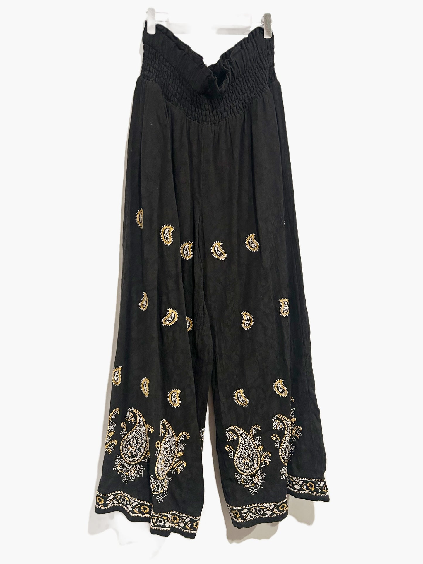 Anthropologie Black Smocked Wide Leg Pants - Medium