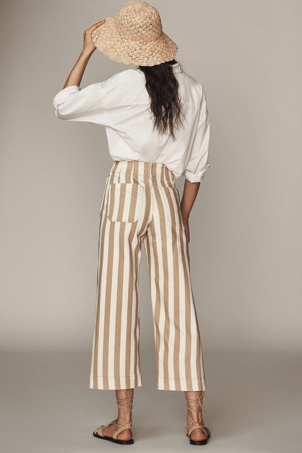 Anthropologie Maeve The Colette Cropped Wide Leg Jeans: Striped Edition in Khaki - 29