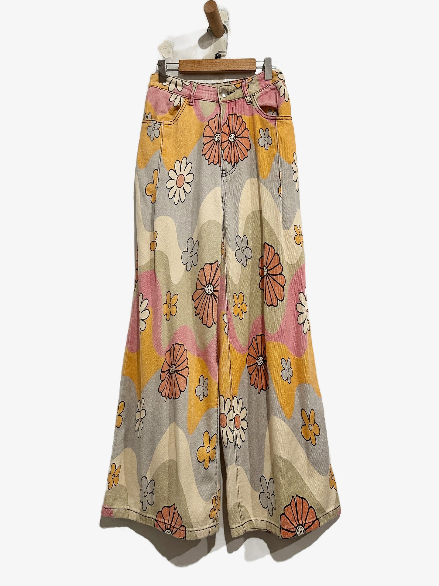 Colorful Floral Wide Leg Jeans - XS