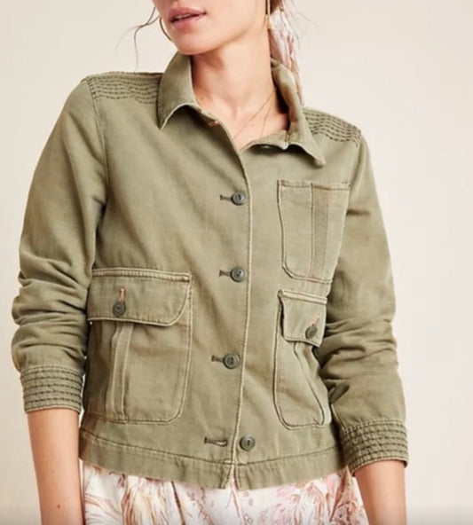 $$ Anthropologie Green Chore Embroidered Jacket - Small