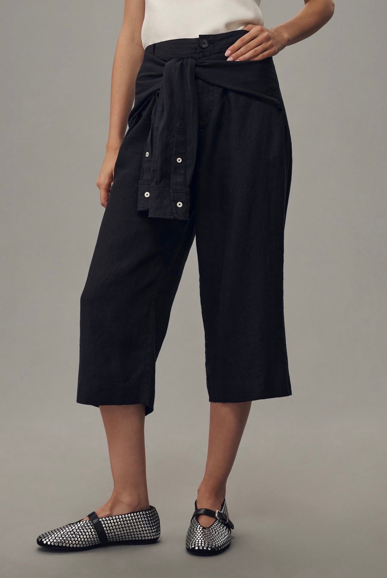 Anthropologie Linen Shirt-Tie Capri Pants in Black - 12