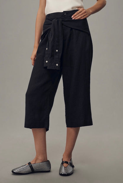 Anthropologie Linen Shirt-Tie Capri Pants in Black - 12