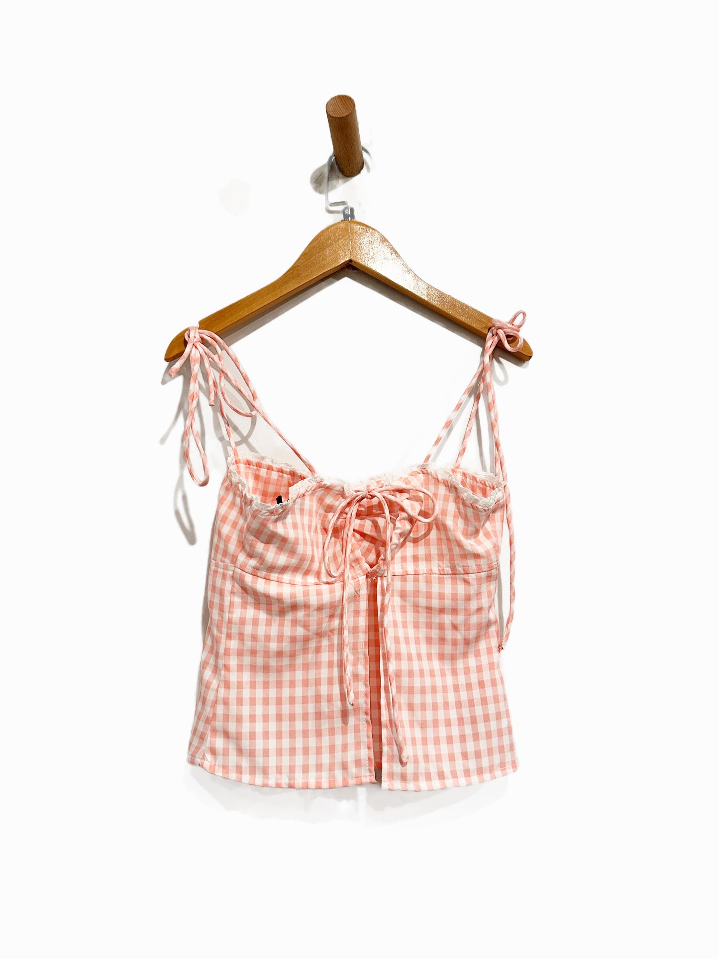 Edikted  Billie Open Tie Back Gingham Top in Light Pink - XS