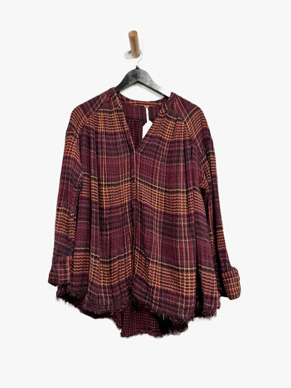 Free People Come On Over Oversized Plaid Shirt in Wine - XS
