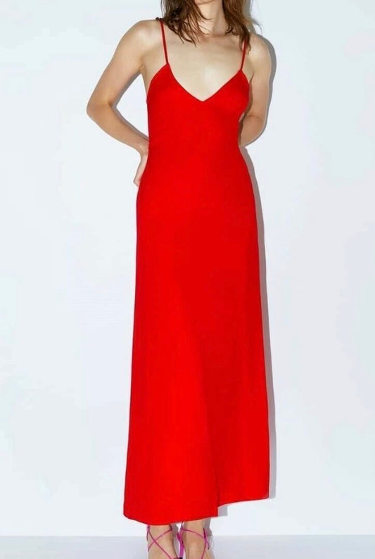Zara Red Gathered Back Midi Dress - Small