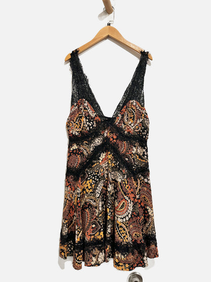 Urban Outfitters Tiffany Plunging Lace Trim Mini Dress In Black Multi - Medium