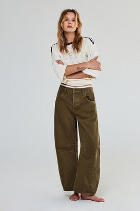 Free People Good Luck Mid Rise Barrel Leg Jeans in Green - 32