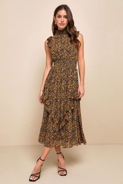 Lulus Evalina Mustard Yellow Floral Print Mock Neck Midi Dress - Medium