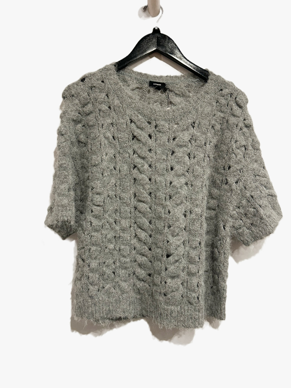 Express Open Stitch Cable Knit Short Sleeve Sweater in Heather Gray - Medium
