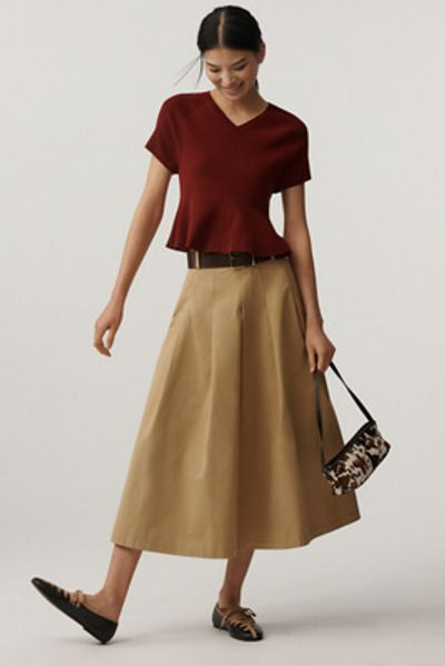Anthropologie Maeve Short-Sleeve High-Neck Hourglass Ruffle Sweater in Wine - XL