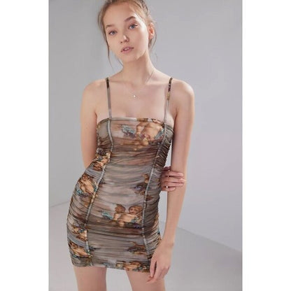 Urban Outfitters Cherub Print Ruched Mesh Mini Dress - Medium