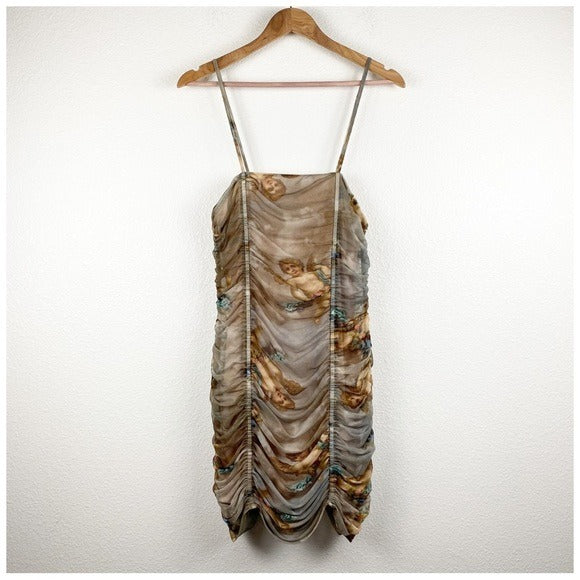Urban Outfitters Cherub Print Ruched Mesh Mini Dress - Medium
