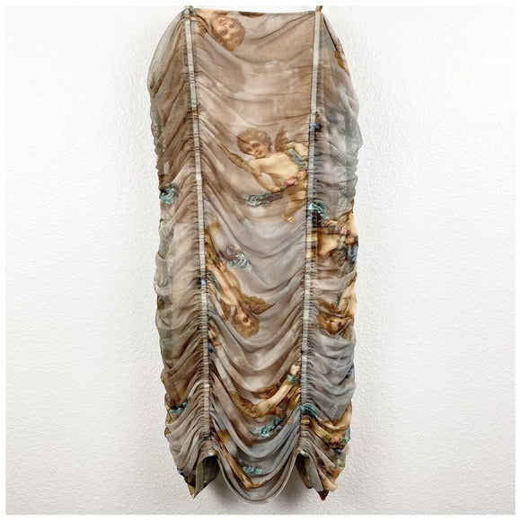 Urban Outfitters Cherub Print Ruched Mesh Mini Dress - Medium