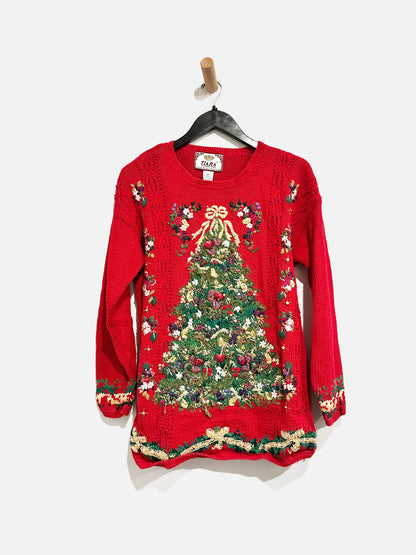 Tiara Vintage Red Christmas Tree Embroidered Sweater - Medium