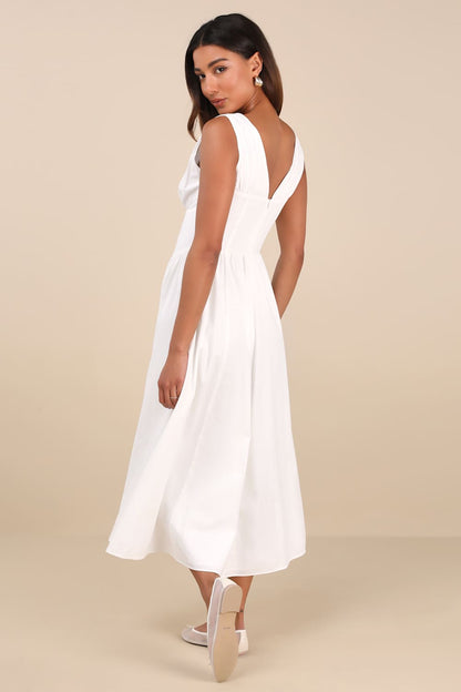 Lulus Lettie White Poplin Plunge Neck Midi Dress - Medium