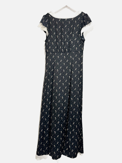 Kimchi Blue Faye Lace Trim Button-Down Midi Dress in Navy - Small