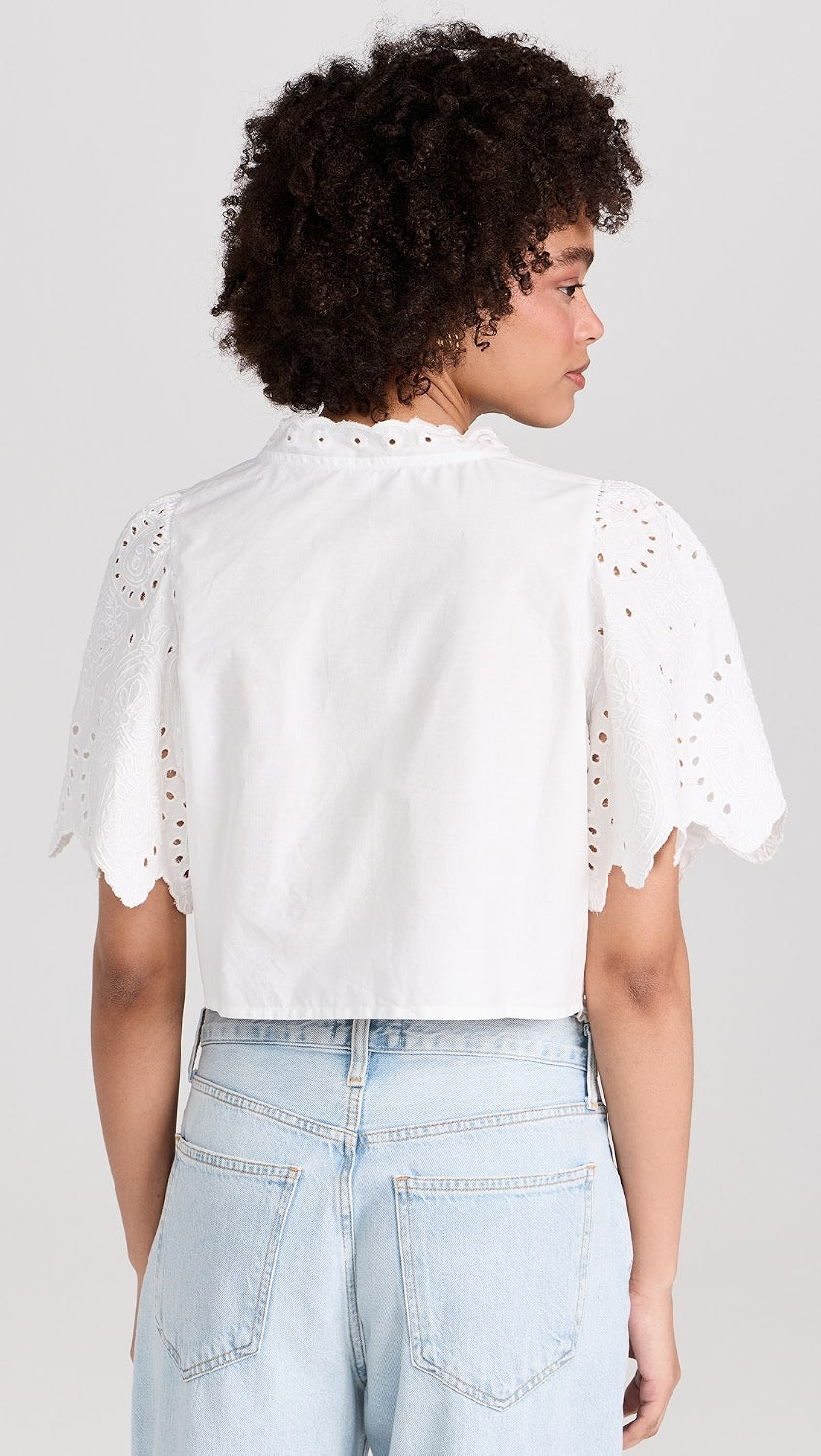 Moon River Puff Sleeve Eyelet Top in Ivory - XS