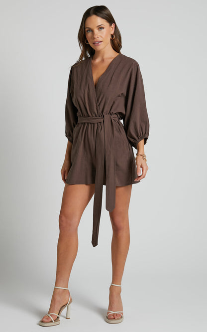 Showpo Kiro Linen Puff Sleeve Romper in Chocolate - 14