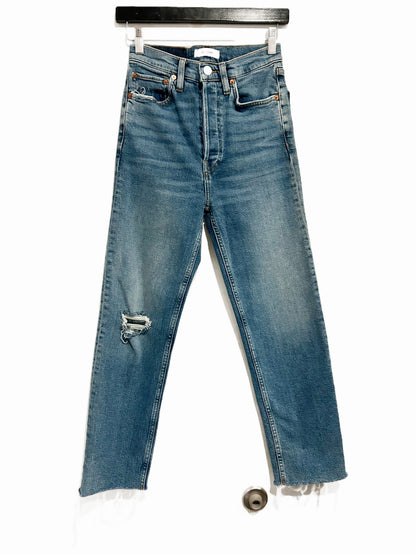 Re/Done Ultra High Rise Stove Pipe Jeans in Vintage Indigo Destroy - 26