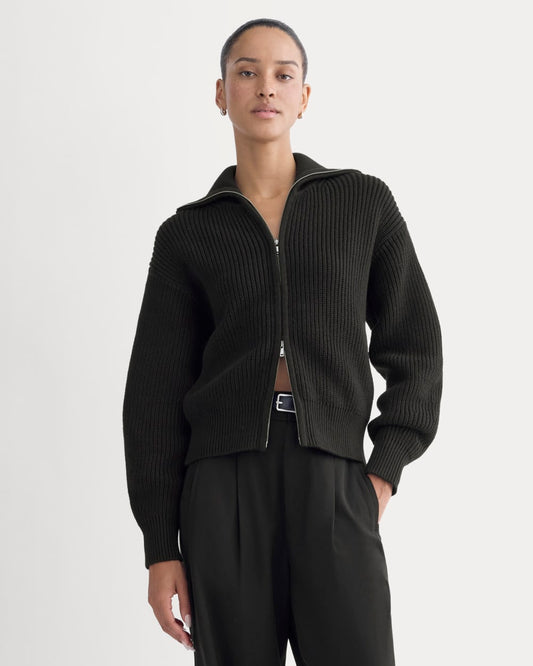 Everlane Black Cable Knit ZIp Up - Small