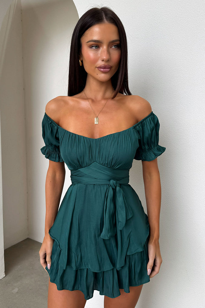 Selfie Leslie Linka Off The Shoulder Tie Back Romper in Emerald - Large