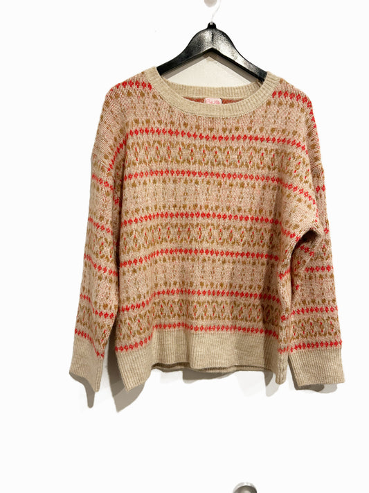 Pink Lily Cream and Pink Patterned Sweater - Medium