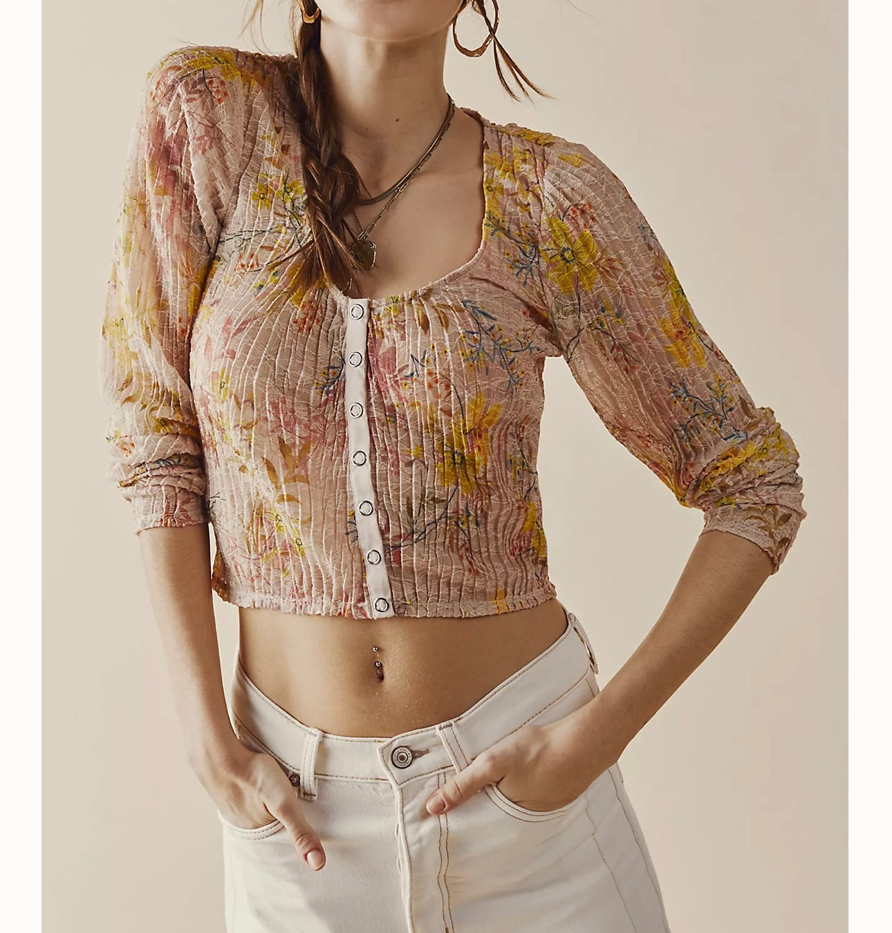 Free People Angelina Pink Sheer Floral Top - Medium