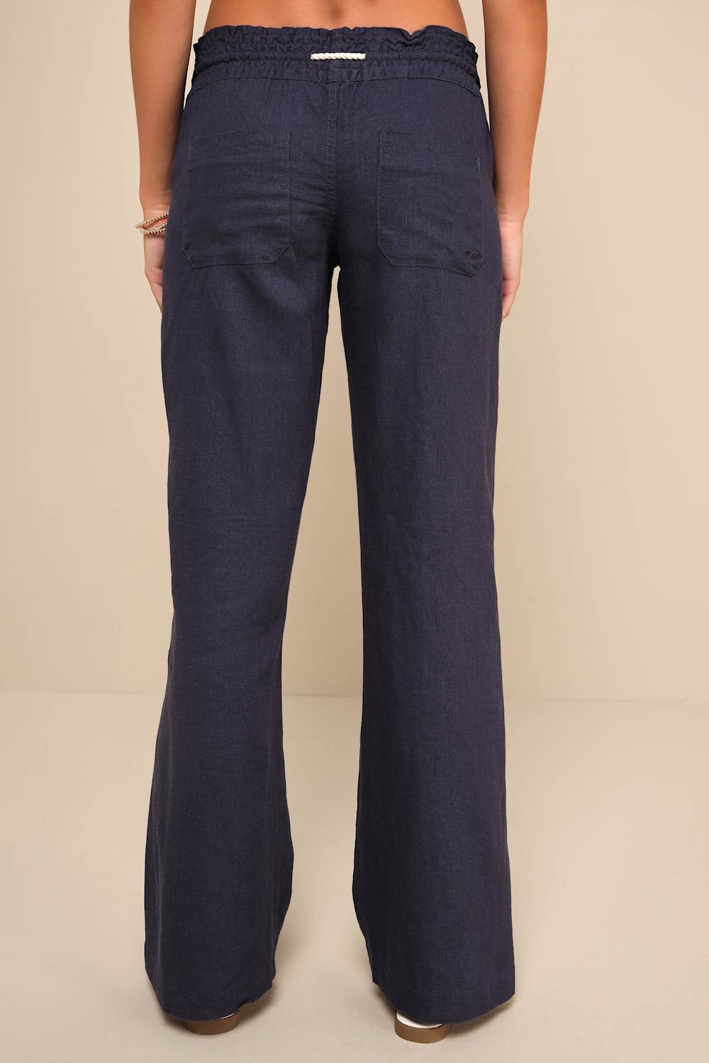 Roxy Oceanside Navy Linen Drawstring Pants - Large