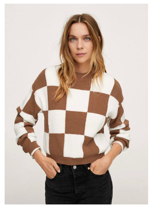 MNG Brown/Cream Checkered Sweater - Small