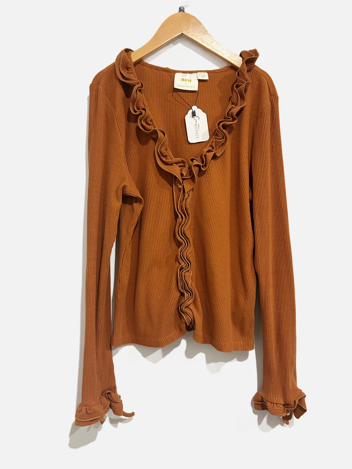 Anthropologie Maeve Brown Ruffle Long Sleeve- XL