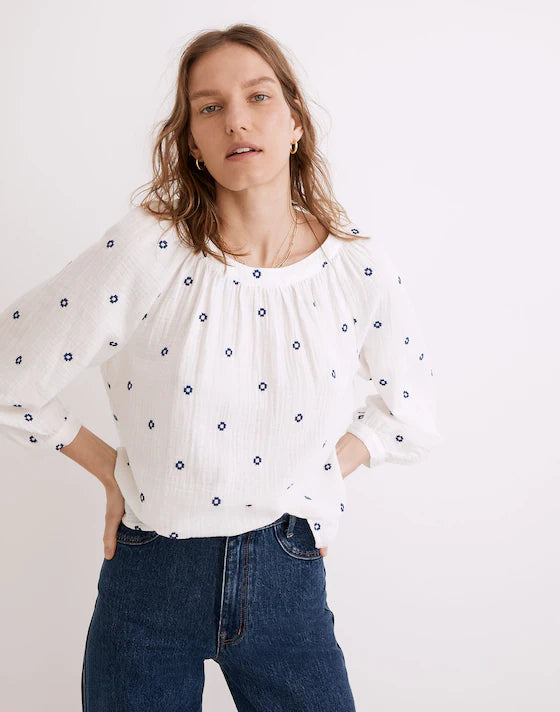 Madewell Embroidered Lightspun Wide-Neck Cuffed-Sleeve Top in Saratoga Blue - XXS