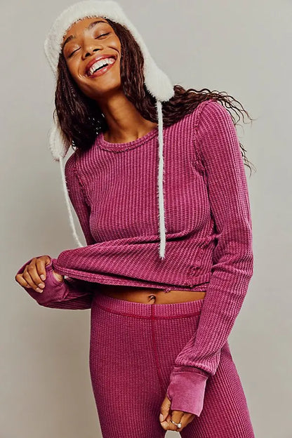 Free People Roll With It Pink Waffle Knit LS Top - Small