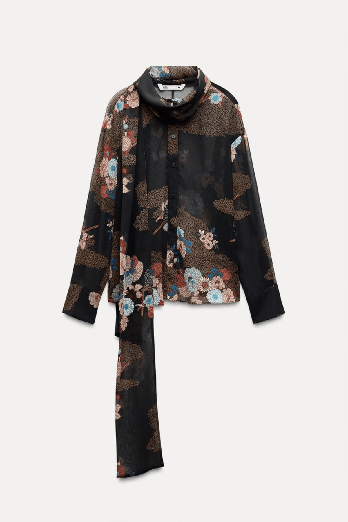 Zara NWT Black Floral Sheer Long Sleeve Blouse - XS