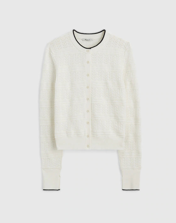 Madewell Pointelle-Stitch Cardigan in Ivory and Black Combo - Large