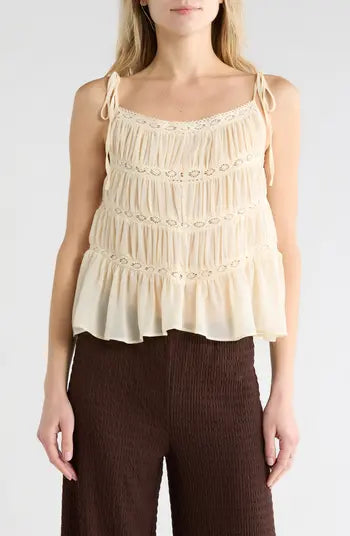 Vigoss Cream Lace Trim Tiered Tank - Large