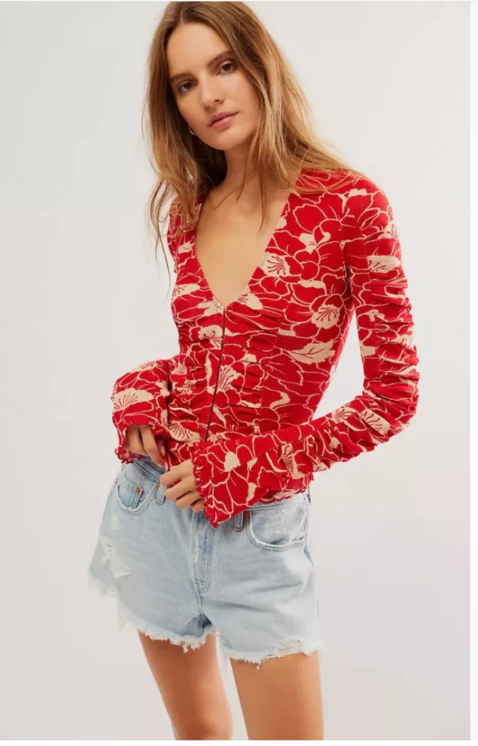 Free People Through the Meadow Red Floral Rushed Top - XS